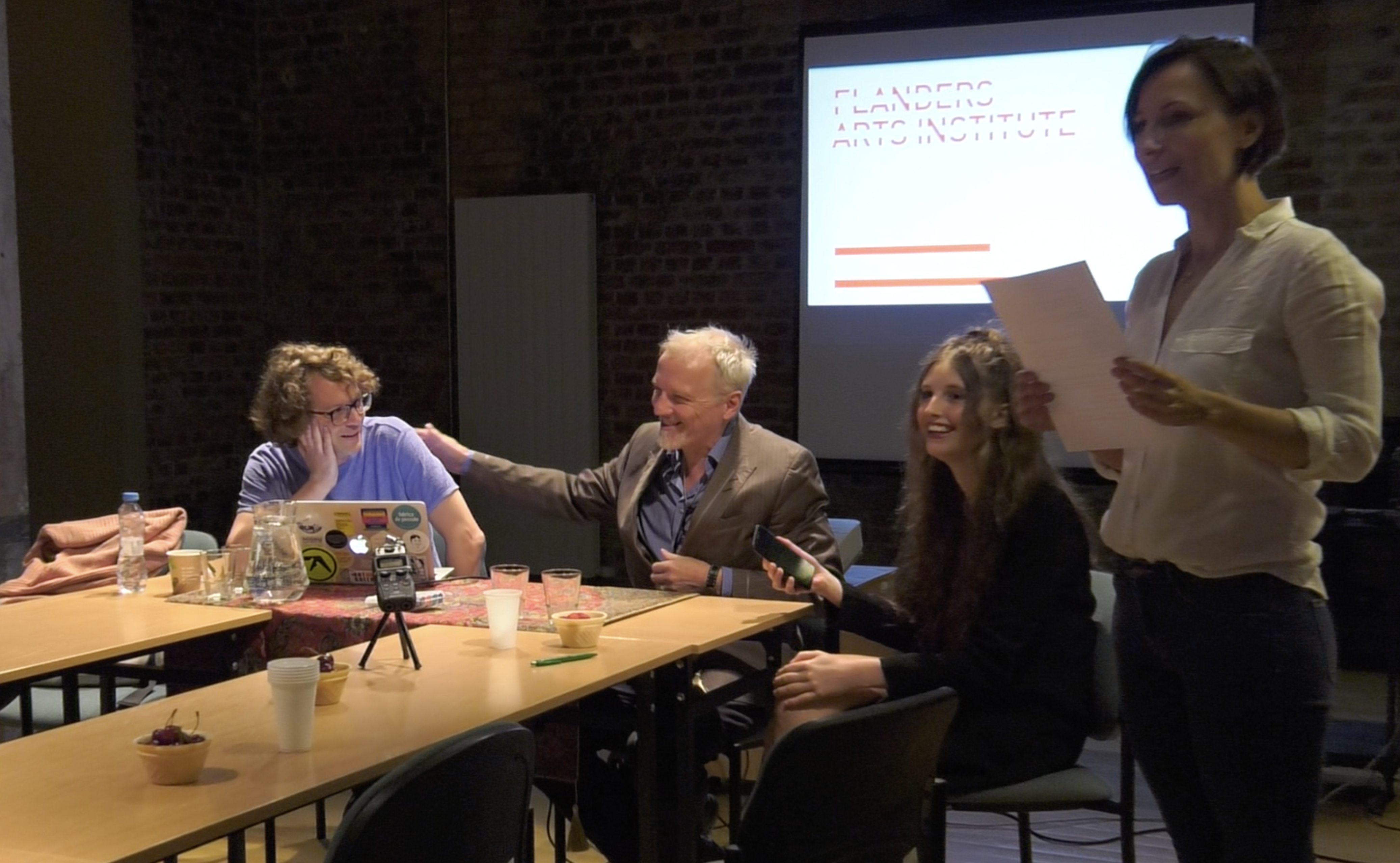 From left: Joris Janssens, Jan Lauwers, Lisaboa Houbrechts, Agata Siwiak, 'Theatre, Artistic and Research Collectives' conference, Adam Mickiewicz University in Poznań, 19 June 2018. Photo from the recording by Anna Paprzycka.
